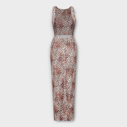 Della - Leopard Print Maxi Dress with Back Cut-Out