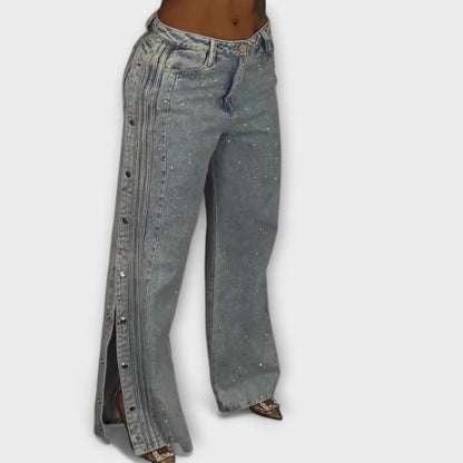 Nola - High-Waisted Jeans with Rhinestone Details and Side Buttons