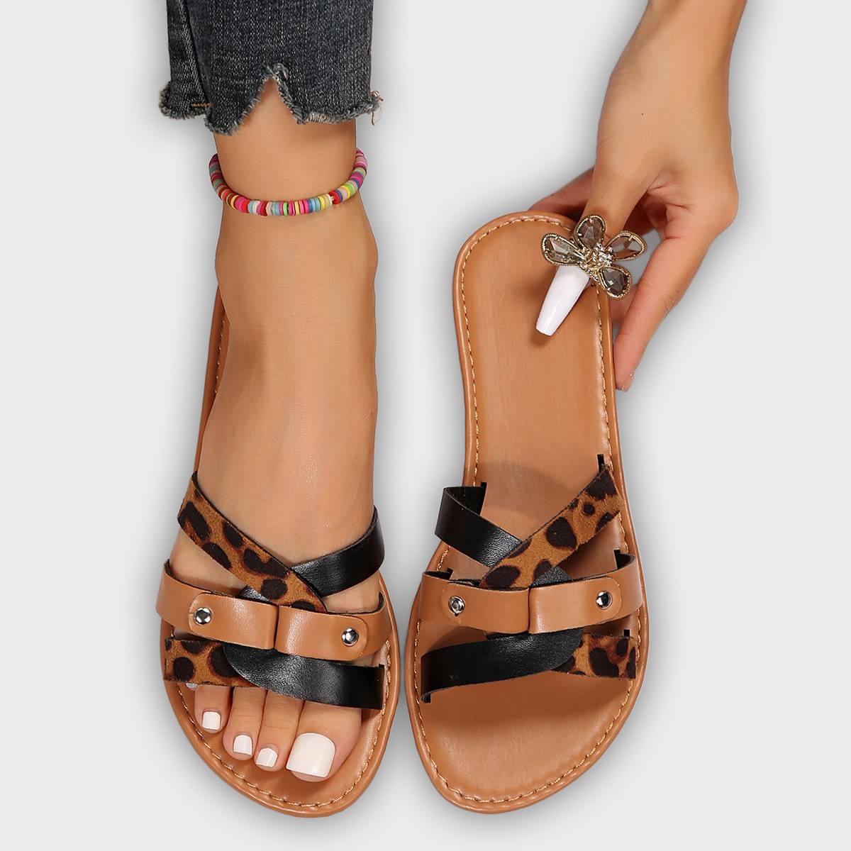Leopard Print Cross Strap Sandals