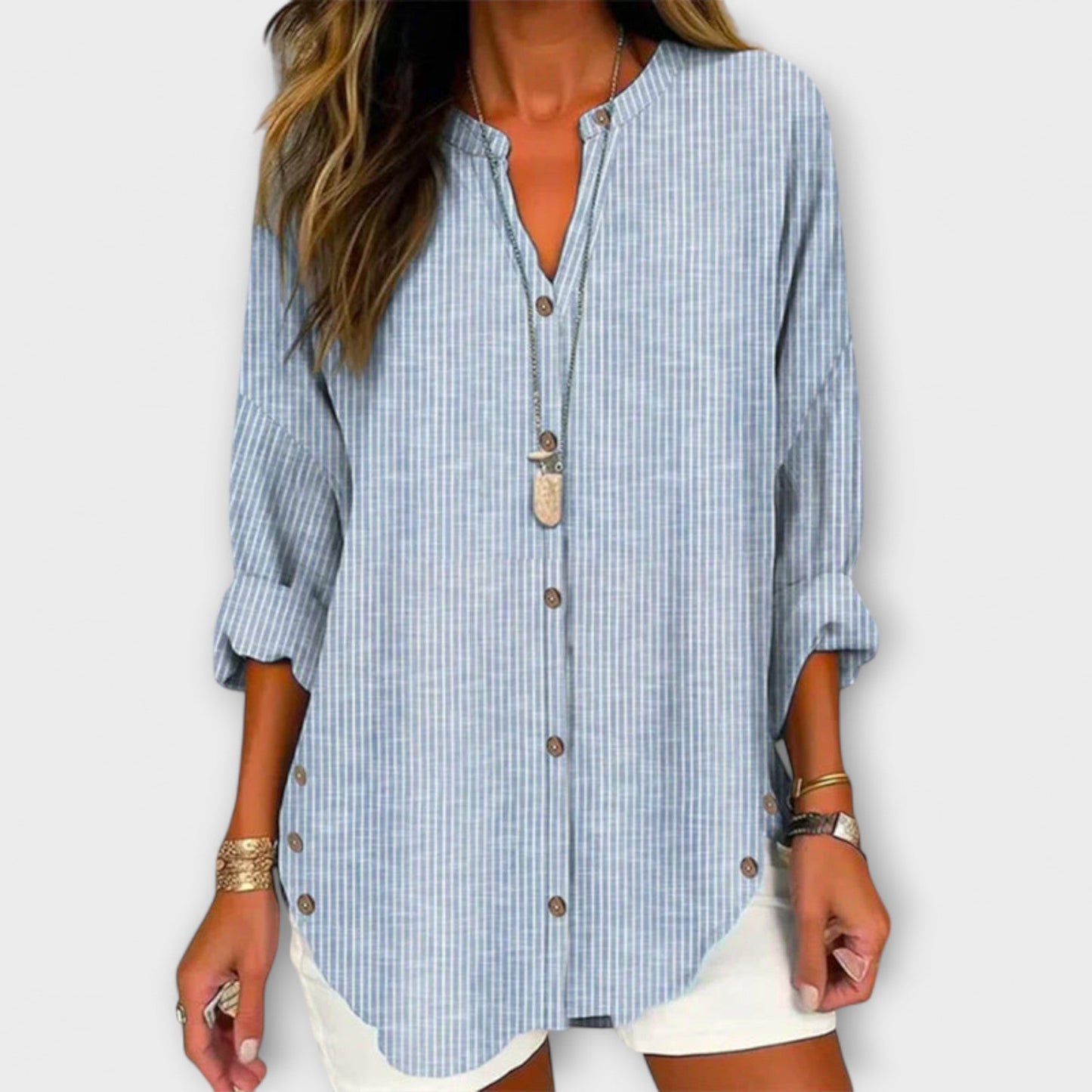 Lucida – Chic V-Neck Top with Classic Striped Design