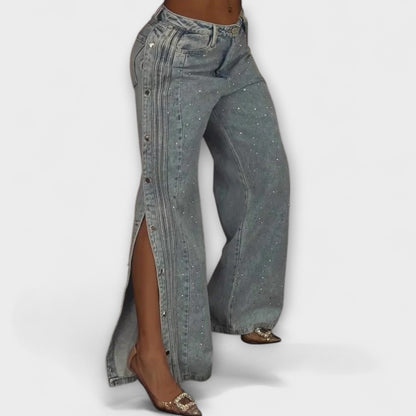 Nola - High-Waisted Jeans with Rhinestone Details and Side Buttons