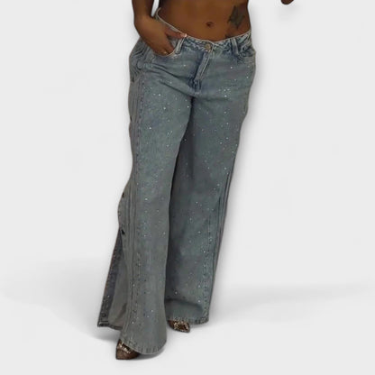 Nola - High-Waisted Jeans with Rhinestone Details and Side Buttons