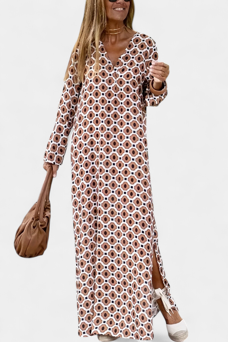 Brisa Long Geometric Dress with Side Slit and V-Neck