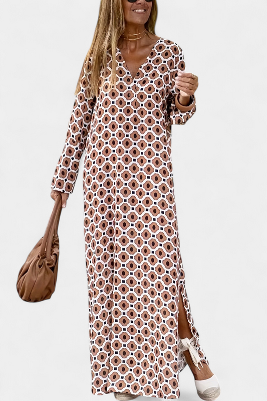 Brisa Long Geometric Dress with Side Slit and V-Neck