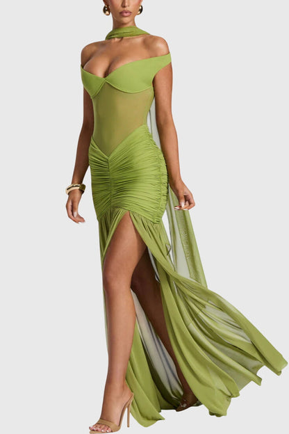 Long Silk Dresses with Deep Neckline and Elegant Pleats