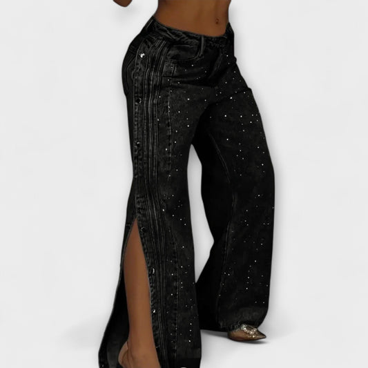Nola - High-Waisted Jeans with Rhinestone Details and Side Buttons